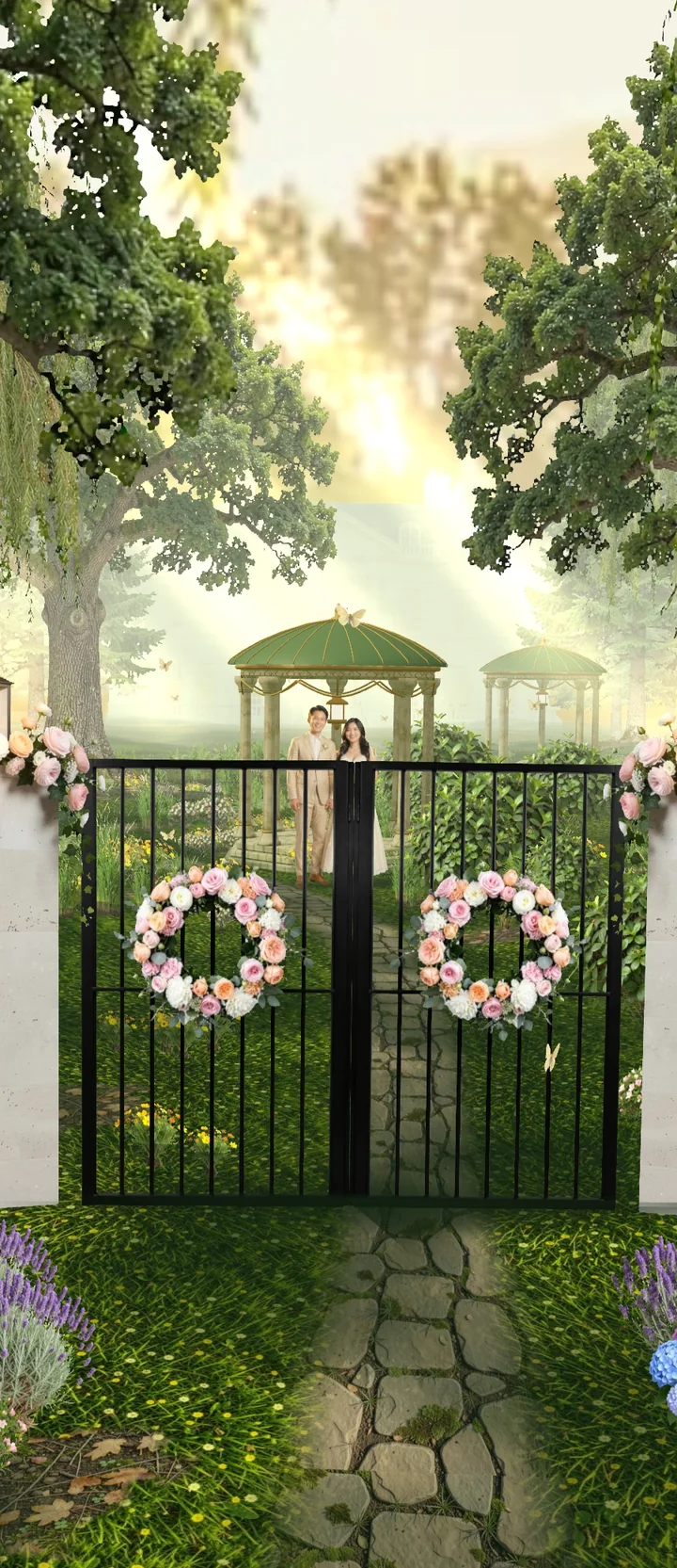 Gerbang taman dengan pasangan dan gazebo